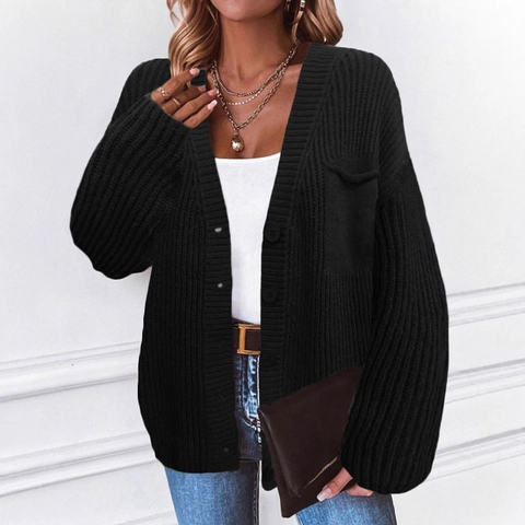 Cárdigan de Punto Grueso para Mujer Cuello en V con Botones Suéter Holgado de Manga Larga con Bolsillo Chaqueta de Color Sólido