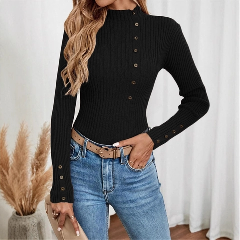 Dames Mock Neck Geribbelde Gebreide Trui Knoop Decor Slim Fit Lange Mouwen Pullover Casual Effen Kleur Rekbaar Breisel