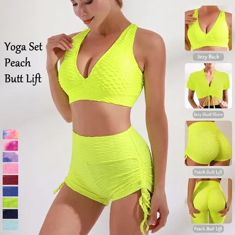 Damen Wabenstruktur Yoga Zweiteiler Workout Top Hohe Taille Scrunch Butt Shorts Sportbekleidung Fitness Kleidung
