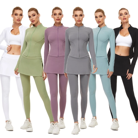 Set Sportivo da Yoga da Donna Vestibilità Aderente Giacca con Zip a Manica Lunga con Reggiseno Racerback e Leggings con Gonna