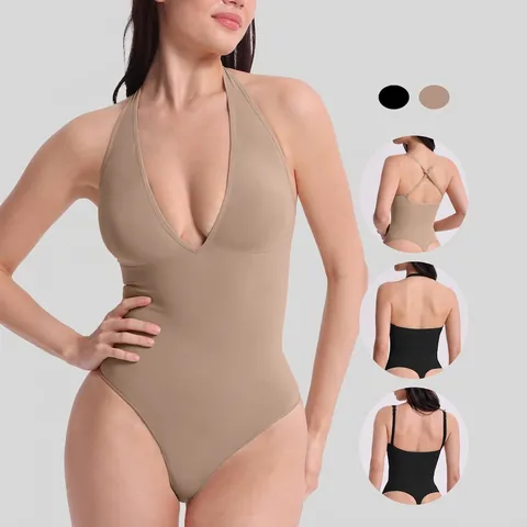 Body Moldeador sin Costuras para Mujer Escote en V Profundo Halter Tirantes Multiforma Control de Abdomen Body Thong
