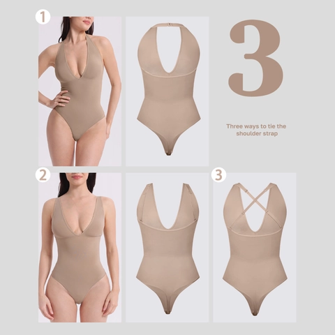 Body Moldeador sin Costuras para Mujer Escote en V Profundo Halter Tirantes Multiforma Control de Abdomen Body Thong