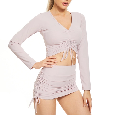 Women Ruched Drawstring V-Neck Long Sleeve Crop Top And Hip Skirt Set Polyester Solid Color Slim Fit Sexy Casual Apparel