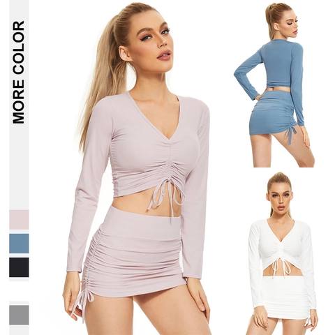 Women Ruched Drawstring V-Neck Long Sleeve Crop Top And Hip Skirt Set Polyester Solid Color Slim Fit Sexy Casual Apparel