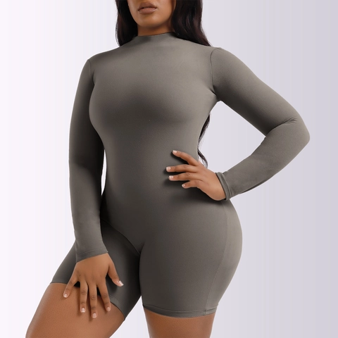 Women's Thermal Bodysuit Long Sleeve Mock Neck Slim Fit Jumpsuit Stretch Knit Romper Warm Base Layer Solid Color Fashion Top