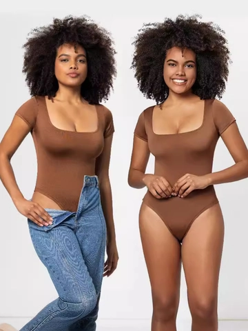 Women's Sexy Square Neck Bodysuit Short Sleeve Slim Fit Jumpsuit Solid Color Plus Size Stretchy Leotard Top Clothing
