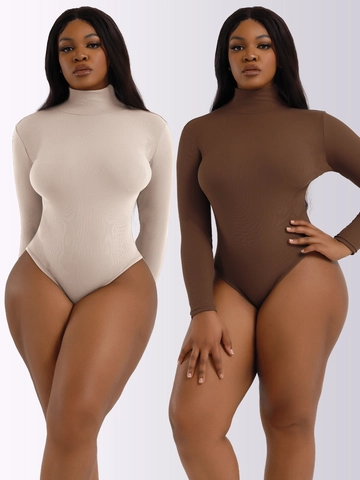 Body de Mujer de Punto de Canalé de Manga Larga con Cuello Alto Ajustado Color Sólido Mono Otoño Invierno Top Básico