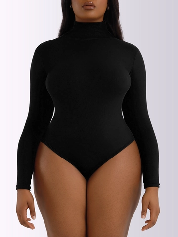 Body de Mujer de Punto de Canalé de Manga Larga con Cuello Alto Ajustado Color Sólido Mono Otoño Invierno Top Básico