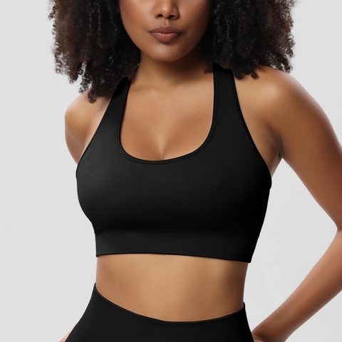 Damen Sport-BH Hohe Festigkeit Gerippt Antischock Nahtlos Yoga Top U-Ausschnitt Racerback Fitness Workout BH Top