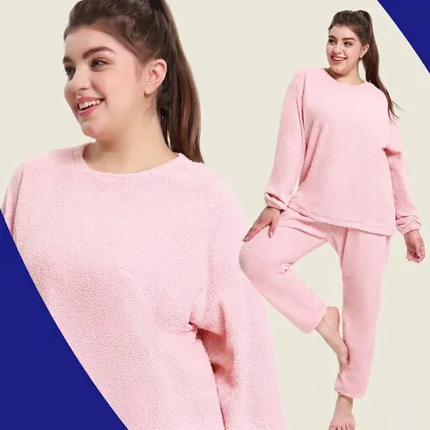 Damen Dicke Wolken-Samt Rundhals Langarm Oberteil Und Hose Warmer Plüsch Schlafanzug Loungewear Homewear Rosa Übergröße
