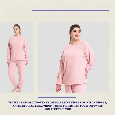 Damen Dicke Wolken-Samt Rundhals Langarm Oberteil Und Hose Warmer Plüsch Schlafanzug Loungewear Homewear Rosa Übergröße