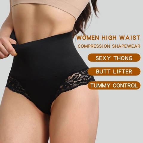 Women High Waist Tummy Control Thong Shapewear Sexy Floral Lace Trim Butt Lifter Panties Seamless Tummy Shaper Underwear