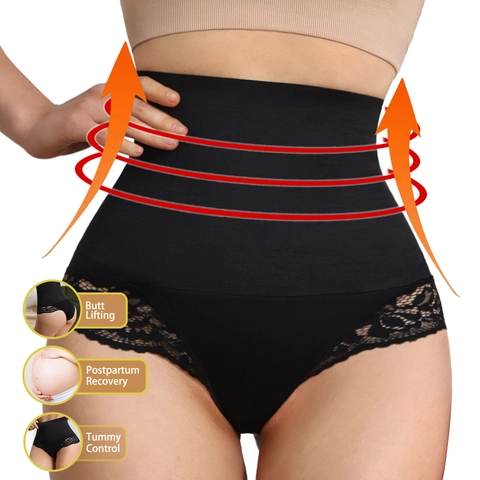Women High Waist Tummy Control Shapewear Panties Lace Trim Butt Lifter Postpartum Recovery Sexy Body Shaper Underwear For Daily