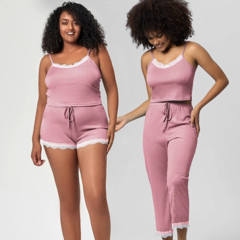 Women Plus Size Ribbed Pajamas Set V Neck Camisole Top And Shorts Or Long Pants With Lace Trim Loungewear Summer Sleepwear