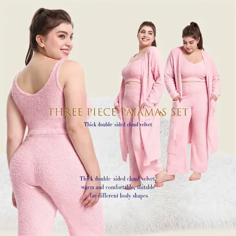 Conjunto De Pijama De Talla Grande Para Mujer Con Bata Top Y Pantalones Invierno Cálido Terciopelo Rosa