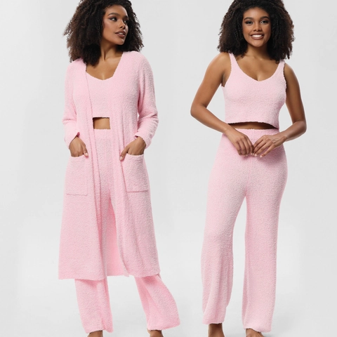 Conjunto De Pijama De Talla Grande Para Mujer Con Bata Top Y Pantalones Invierno Cálido Terciopelo Rosa