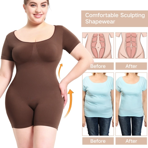 Damen Nahtlos Shapewear Bodysuit Kurzarm Rundhals Bauchkontrolle Butt Lifter Body Shaper Schlankmachender Romper Unterwäsche