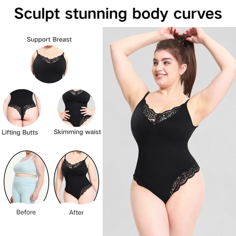 Body Modellante Senza Cuciture da Donna con Scollo a V in Pizzo Spalline Sottili Controllo Pancia Sollevamento Glutei Body Shaper