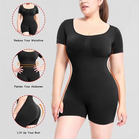 Damen Nahtlos Shapewear Bodysuit Kurzarm Rundhals Bauchkontrolle Butt Lifter Body Shaper Schlankmachender Romper Unterwäsche