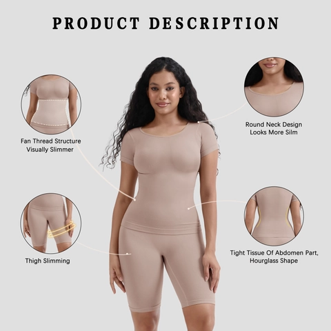 Women Seamless Shapewear Set Top And Bottom Short Sleeve Ribbed Tummy Control High Waist Fitness Gym Yoga Workout Outfit