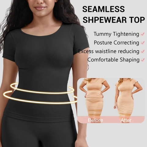 Camiseta Reductora Sin Costuras Para Mujer Con Control De Abdomen Manga Corta Body Shaper Camiseta De Compresión Adelgazante