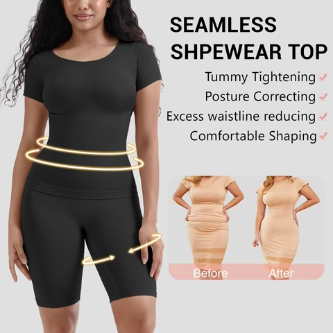 Women Seamless Shapewear Set Top And Bottom Short Sleeve Ribbed Tummy Control High Waist Fitness Gym Yoga Workout Outfit