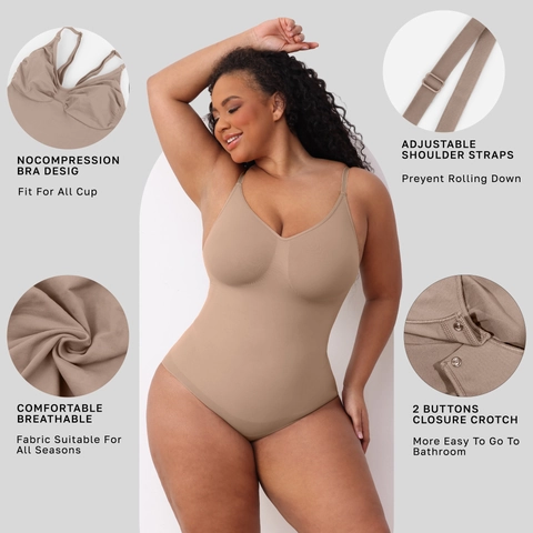 Women Seamless Shapewear Bodysuit Tummy Control Butt Lift Spaghetti Strap V-Neck High Elastic Slimming Body Shaper For Everyday