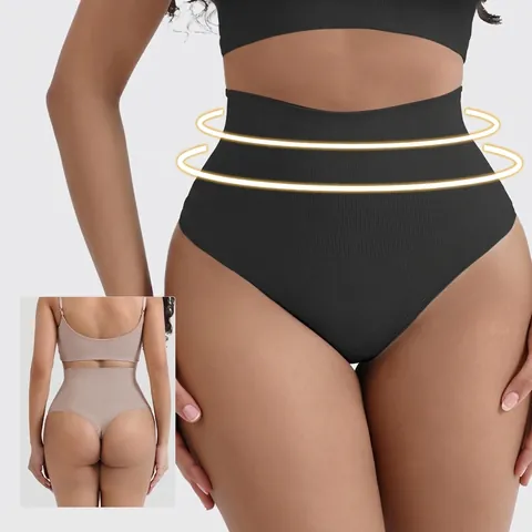Women Seamless High Waist Tummy Control Thong Sexy Body Shaper Panty Ribbed Hip Lift Slimming Shapewear Underwear