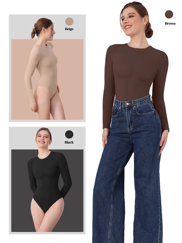 Women Seamless Long Sleeve Bodysuit Round Neck Slim Fit High Stretch Solid Color Basic Shapewear Bodysuit Jumpsuit Top
