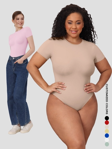 Women Round Neck Short Sleeve Bodysuit High Elastic Slim Fit Shapewear Basic Solid Color Summer Jumpsuit Outwear Top