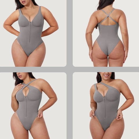 Damen Nahtlose Shapewear Body Bauchkontrolle Reißverschluss Vorne Verstellbare Träger Po Lifter Schlankheits Jumpsuit Formwäsche