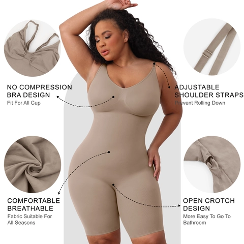 Body Modellante da Donna senza Cuciture Controllo Addominale Sollevamento Glutei Spalline Regolabili Scollo a V Aderente Top