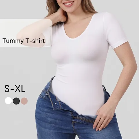 Γυναικείο Shapewear T-Shirt με Κοντό Μανίκι Χωρίς Ραφές Λαιμόκοψη V Bodysuit Αδυνατίσματος Body Shaper Top για Καθημερινή Χρήση