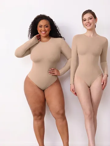 Women Seamless Long Sleeve Bodysuit Round Neck Slim Fit High Stretch Solid Color Basic Shapewear Bodysuit Jumpsuit Top