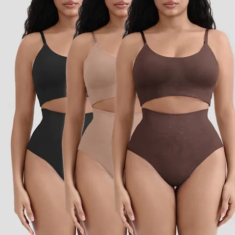 Faja Sin Costuras para Mujer Sujetador Cami Acanalado Y Bragas de Cintura Alta Control de Abdomen Ropa Interior Elástica Suave
