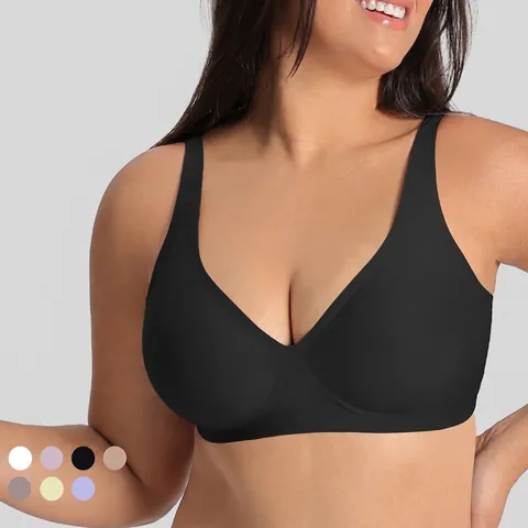 Sujetador Sin Costuras De Talla Grande Sin Aros Para Mujer Pechos Grandes Cuello En V Profundo Soporte De Gel De Gelatina Copa De Molde Delgada Bralette Cómodo