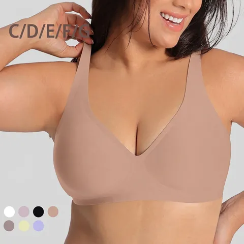 Sujetador Sin Costuras De Talla Grande Sin Aros Para Mujer Pechos Grandes Cuello En V Profundo Soporte De Gel De Gelatina Copa De Molde Delgada Bralette Cómodo