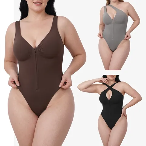 Damen Nahtlose Shapewear Body Bauchkontrolle Reißverschluss Vorne Verstellbare Träger Po Lifter Schlankheits Jumpsuit Formwäsche