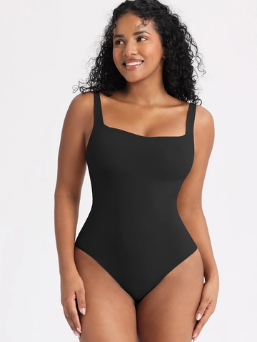 Women's Seamless Square Neck Sleeveless Bodysuit Double Layer Tummy Control Shapewear U-Back Sexy Slim Fit Nylon Spandex Jumpsuit Top