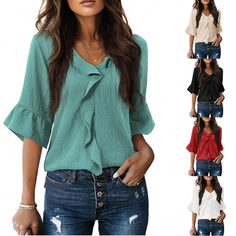 Women V-Neck Ruffle Blouse Petal Sleeve Crinkle Texture Top Casual Elegant Polyester Shirt White Black Red Green Apricot