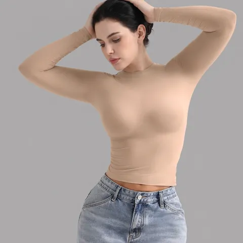 Damen Enges Langarm T-Shirt Polyamid Elastan Shaping Crop Top Rundhals Einfarbig Slim Fit Base Layer Top