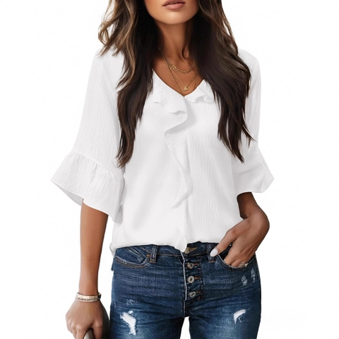 Women V-Neck Ruffle Blouse Petal Sleeve Crinkle Texture Top Casual Elegant Polyester Shirt White Black Red Green Apricot