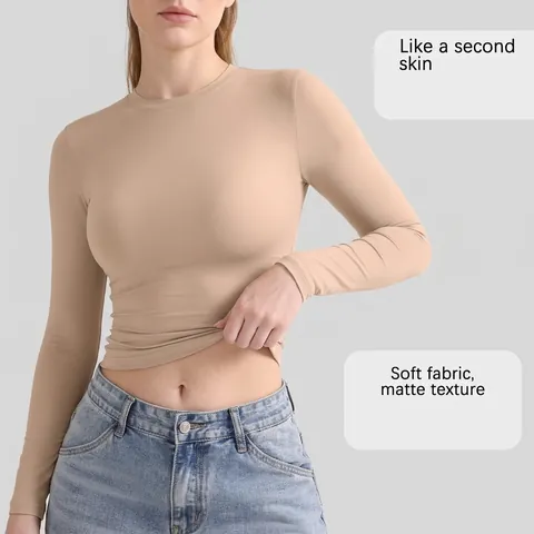 Damen Enges Langarm T-Shirt Polyamid Elastan Shaping Crop Top Rundhals Einfarbig Slim Fit Base Layer Top