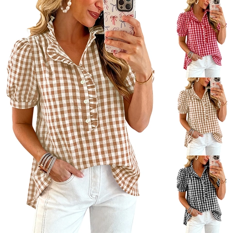 Γυναικεία Casual Μπλούζα Gingham με Κοντό Μανίκι Λαιμόκοψη με Βολάν και Κουμπιά Καλοκαιρινό Τοπ από Βισκόζη