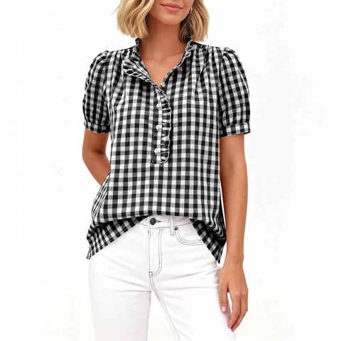 Γυναικεία Casual Μπλούζα Gingham με Κοντό Μανίκι Λαιμόκοψη με Βολάν και Κουμπιά Καλοκαιρινό Τοπ από Βισκόζη