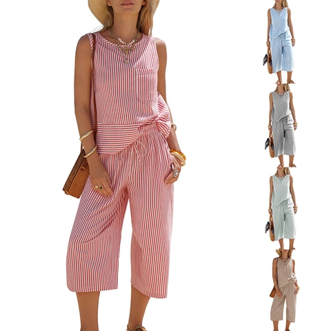 Completo Due Pezzi Casual Estivo Donna a Righe Top Senza Maniche Girocollo E Pantaloni Capri a Gamba Larga Vacanza Mare