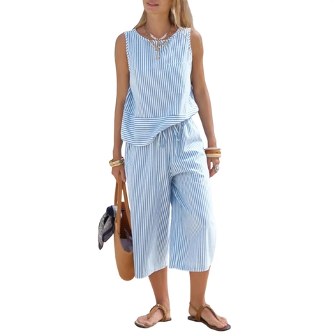 Completo Due Pezzi Casual Estivo Donna a Righe Top Senza Maniche Girocollo E Pantaloni Capri a Gamba Larga Vacanza Mare