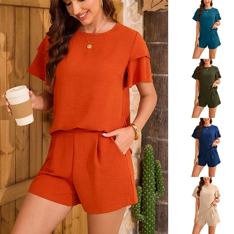 Haut Et Pantalon Décontractés En Poliestere Pour Femmes Avec Manches Volantes Col Rond Été Couleur Unie Texture Froissée Loungewear