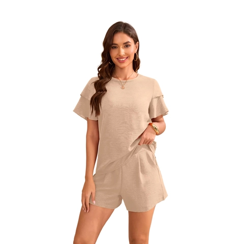 Haut Et Pantalon Décontractés En Poliestere Pour Femmes Avec Manches Volantes Col Rond Été Couleur Unie Texture Froissée Loungewear