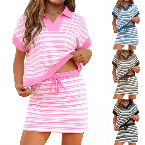 Dames Gestreepte Passende Outfit Polo V-Hals Korte Mouw Top En Minierok Met Zakken Casual Zomer Sport Rok Kleding